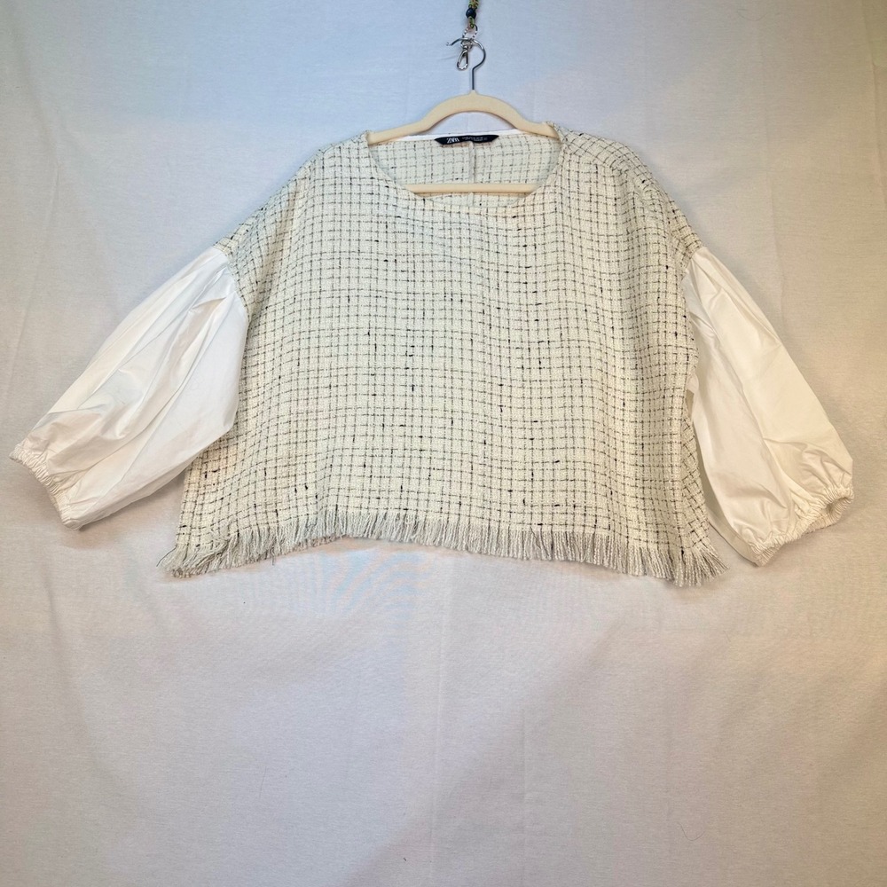 Zara Tweed Crop Top White Poplin Balloon Sleeve Fringe Hem Cream Black XL